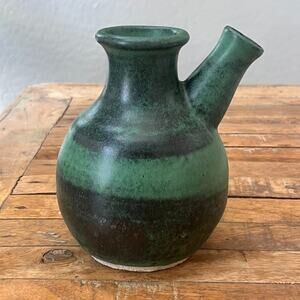 Studio Art Pottery Vassel With Spout 7" Tall Green Glaze Artist Signed